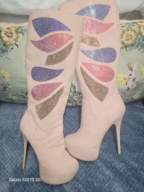 Knee-High Blush Pink Crystal-Accent Platform Stiletto Boots